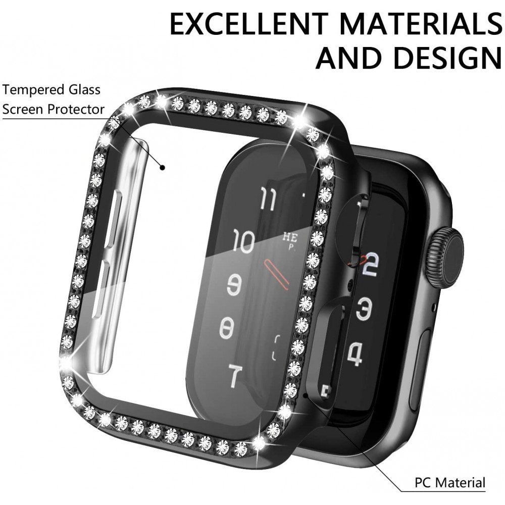 Wholesale Crystal Diamond Rhinestone Case with Built In Tempered Glass Screen Protector for Apple Watch Series 6 5 4 SE 44mm Black